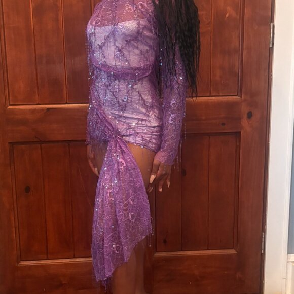 Christopher Esber Encassed Beaded Ivy Lace Long Sleeve Mini Dress Grape Sequin - Picture 3 of 5